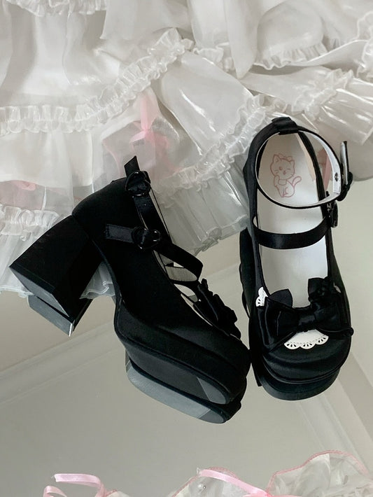 Bow Satin Lolita Ankle Shoes with Detachable Strap Hem Scalloped in Black High-heel Mary Sweet Jane Details