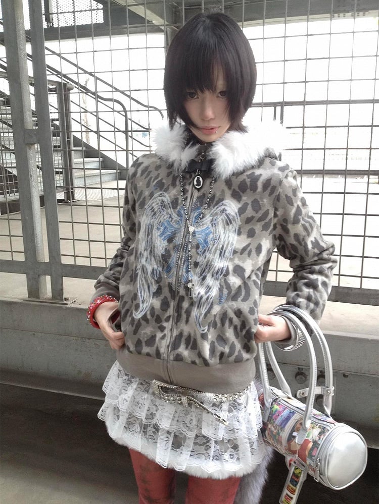 Detachable with Faux Trim Leopard Gray Gyaru Y2K Fur Print Fashion Hoodie