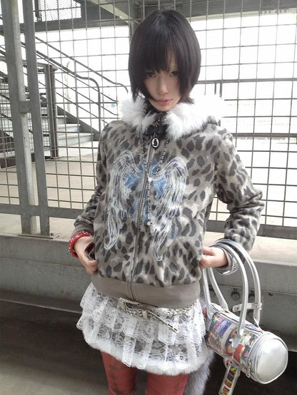 Detachable with Faux Trim Leopard Gray Gyaru Y2K Fur Print Fashion Hoodie