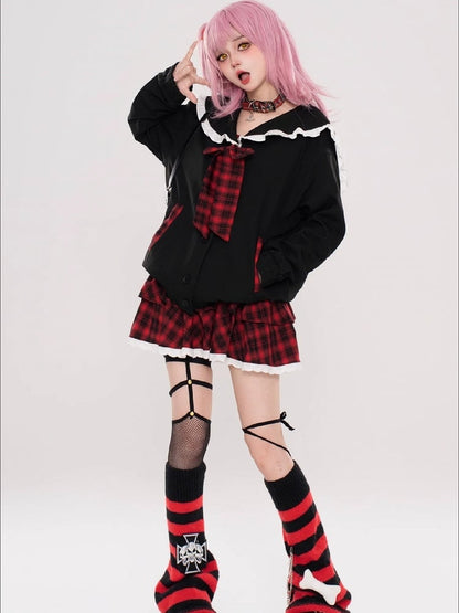 Y2K Black Sailor Collar Top with Red Plaid Tiered Skirt Set