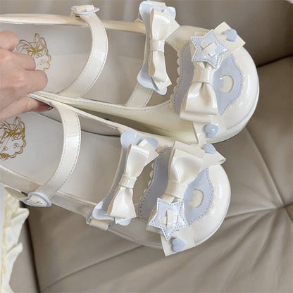 Platform Sweet Heart Blue Decor with Bow Jane Round-Toe Details Shoes White Mary Lolita