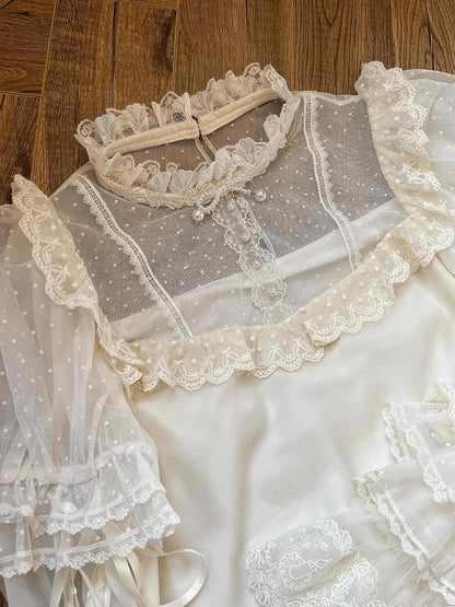 Tulle White with Sleeves Creamy Detachable Blouse Dotted Puff