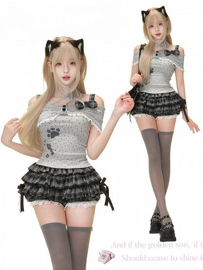 Paw Ways Two Design Off-Shoulder Gray Wear Print Dot Polka with Top