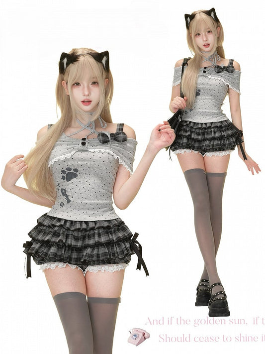 Paw Ways Two Design Off-Shoulder Gray Wear Print Dot Polka with Top