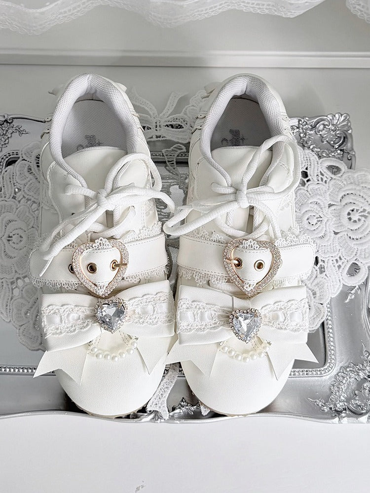White Jirai Kei Style Shoes with Heart Buckle & Crystal Embellishments - Transfer Student
