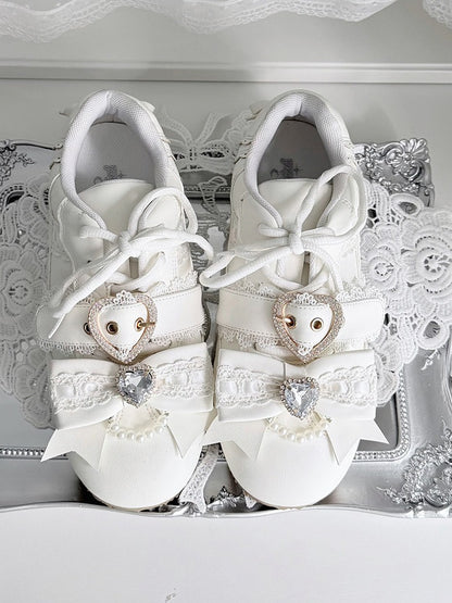 White Jirai Kei Style Shoes with Heart Buckle & Crystal Embellishments - Transfer Student