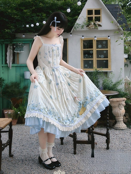Sweet Lolita Style Summer JSK Dress with Lace & Blue Floral Print - Rock Candy Box