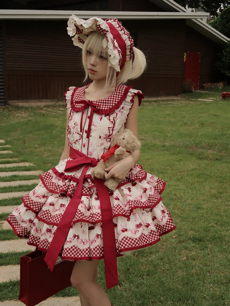 レッドギンガムチェックのピーターパンカラートップスとチェリー柄のティアードスカートセット