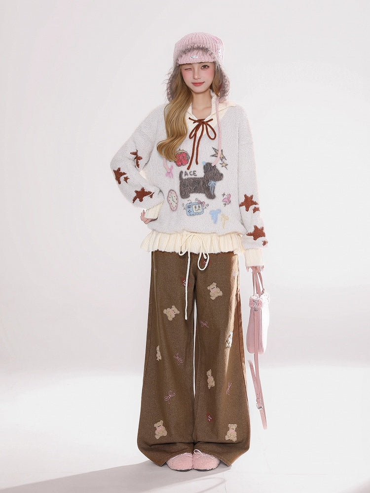 Millard Fashion Brown Wide-Leg Jeans with Playful Bear Embroidery & Lace-Trimmed Waistband