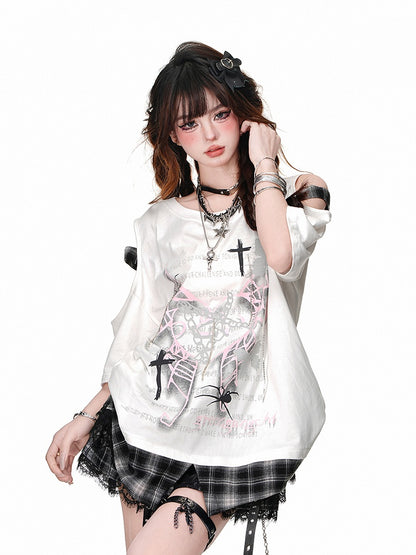 Rebel Hunter Butterfly and Spider Cutout Shoulder Plaid Patchwork Hem Black/White T-Shirt