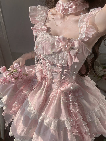 Pink Dress Princess and Jellyfish Lolita Button Jumper Blossom with Corset Accents Frog Print Pear Skirt