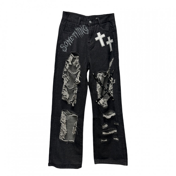 Y2K Black Cross Appliques Jeans Glamorous Criss-cross Straps Distressed Holes