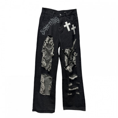 Y2K Black Cross Appliques Jeans Glamorous Criss-cross Straps Distressed Holes