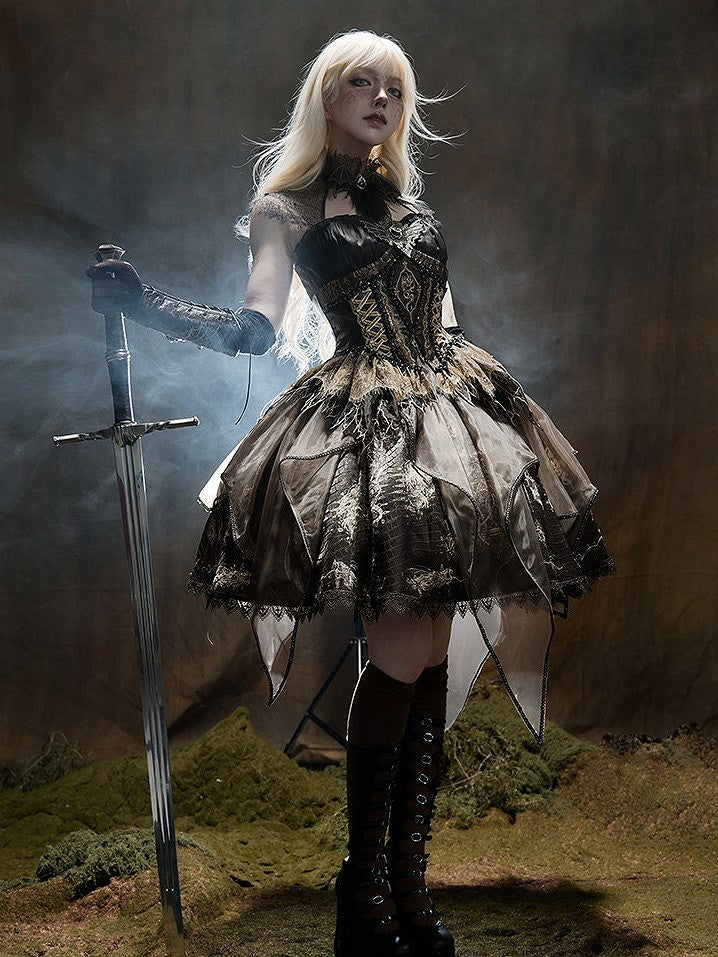 Brown & Gold Bone Dragon Embroidery Halter Neck Gothic Lolita Dress Set - Ying Luo Fu