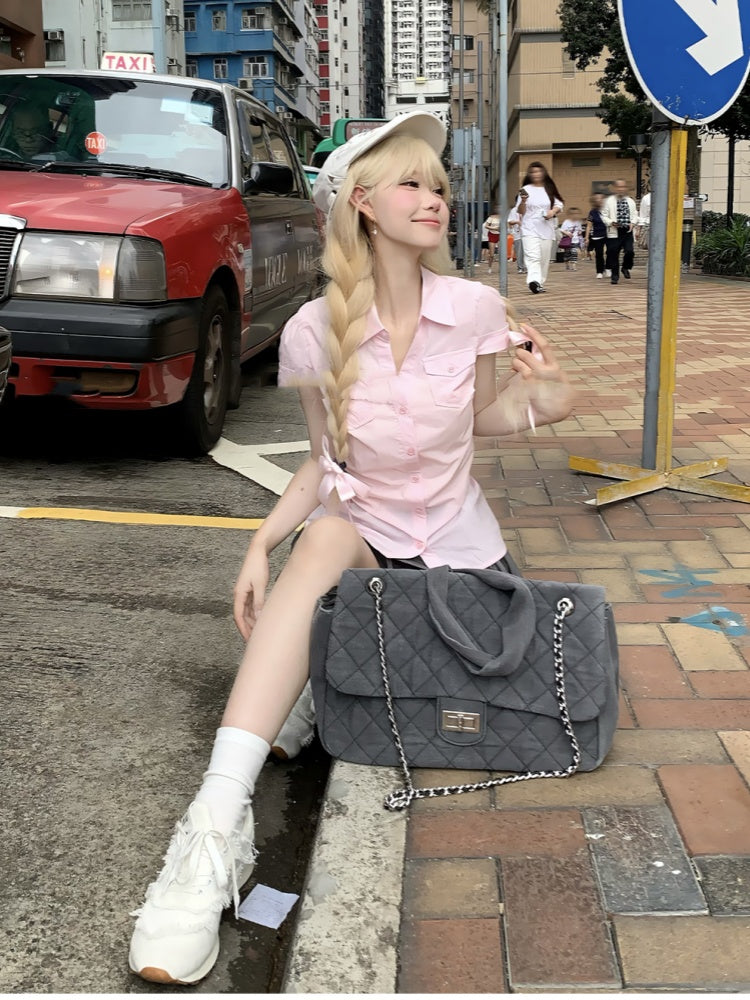 プリーツスカートスタイルのプレッピースイートピンク半袖シャツ/グレーミニ