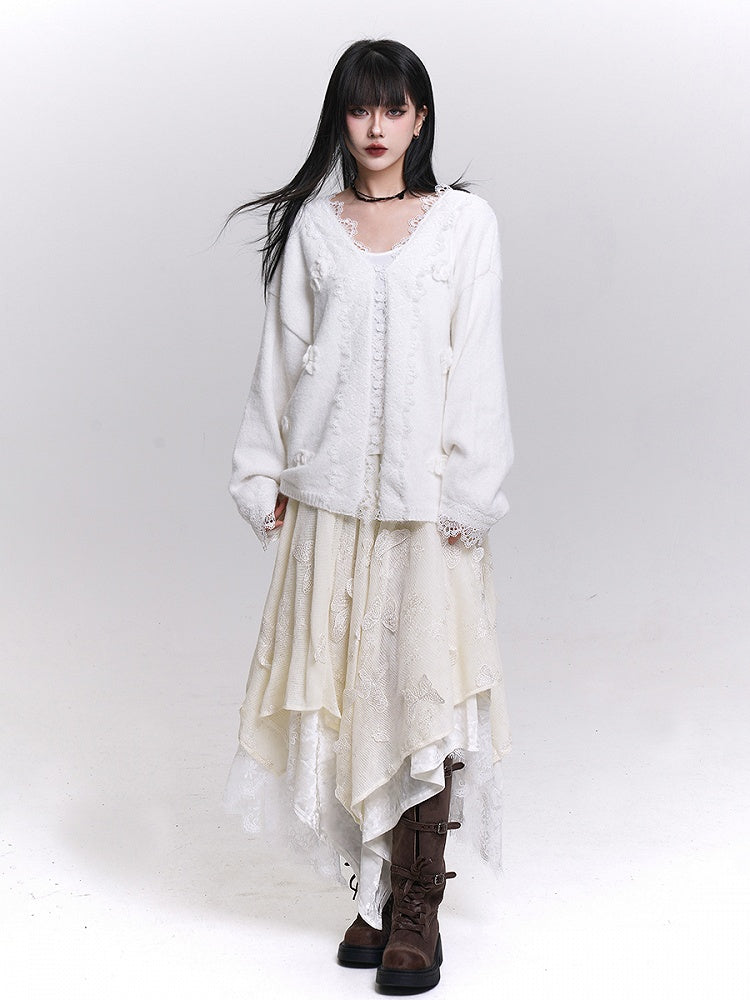 Black/White Butterfly Appliques Tiered Skirt with Handkerchief Hem & Lace Trim