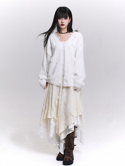 Black/White Butterfly Appliques Tiered Skirt with Handkerchief Hem & Lace Trim