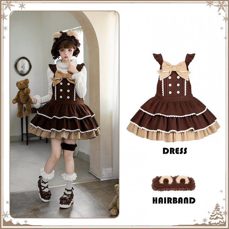 Coffee Sweet Winter Tiered Overall Dress with Bear Ear Hairband - With PUJI