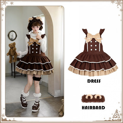 Coffee Sweet Winter Tiered Overall Dress with Bear Ear Hairband - With PUJI