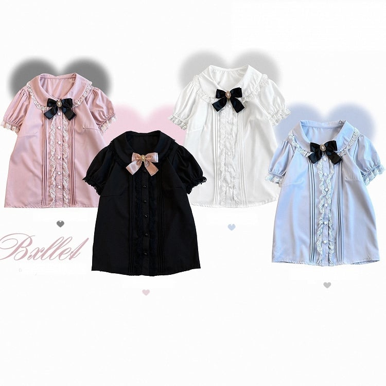 Kurzarmbluse Peter Pan Kragen Jirai Kei Schwarz/Pink/Blau/Weiß