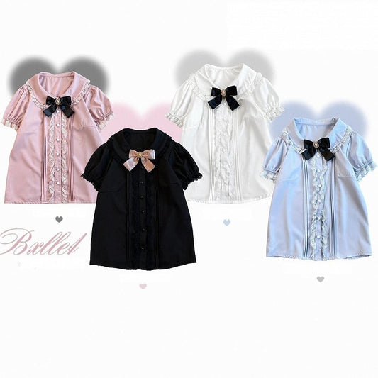 Kurzarmbluse Peter Pan Kragen Jirai Kei Schwarz/Pink/Blau/Weiß