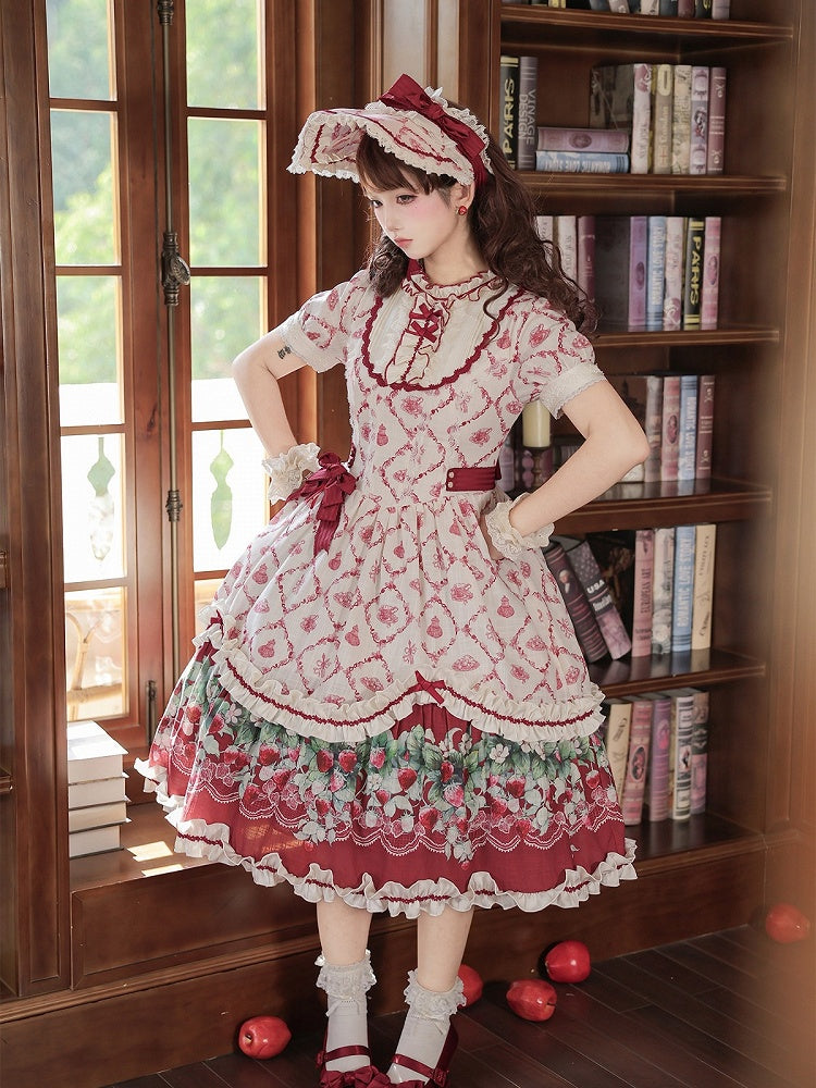 Sweet Lolita Strawberry Floral Printed OP Gown with Lace and Ribbon Accents - Currant