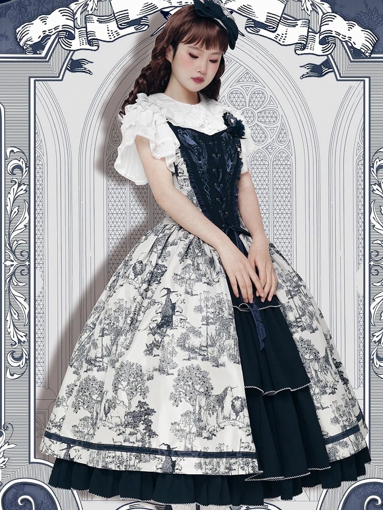 Bodice Forest Elegant Dress and Dark Corset Animals Lolita with Print Blue