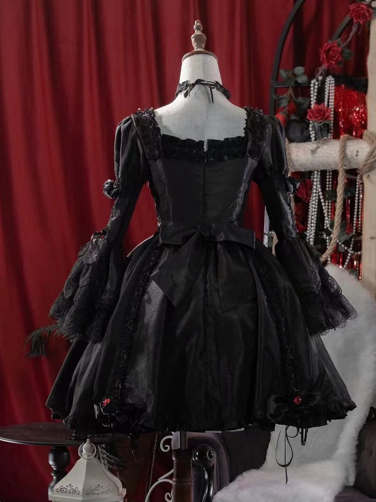 Kuro Drawstring Dress Bell Sleeves Skirt Gothic Black Bowknot Lolita Details and Layered