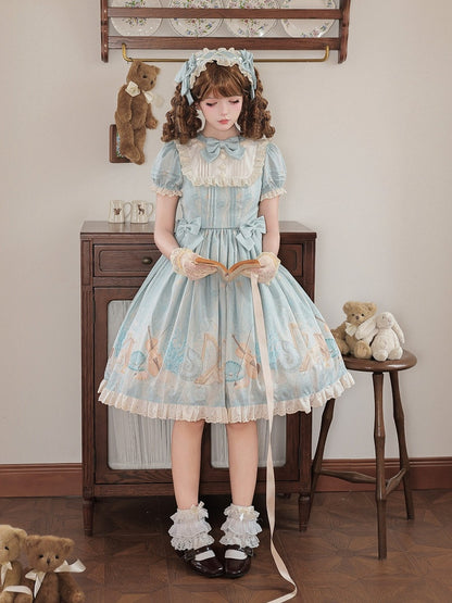 Lolita OP Dress with Blue Sea Concert Floral Print, Puff Sleeves, Bowknots & Ruffle Trim - Cheese Bear