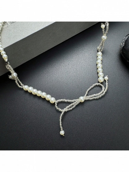 White Beaded Bow Necklace with Pearl Details - YSHXS