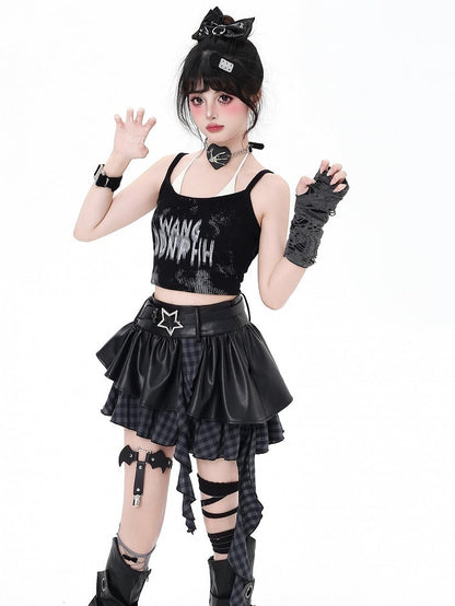Red Belt Trim Black Ruffle Gray/Black - Y2K Cascading Set Skirt Bittersweet Star