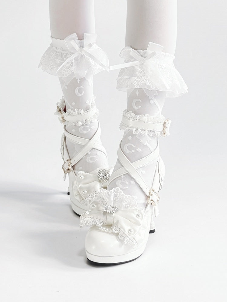 Shoes Off-white Bead - Princess Style Accent High-heel Bow Rhinestone