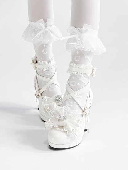 Shoes Off-white Bead - Princess Style Accent High-heel Bow Rhinestone
