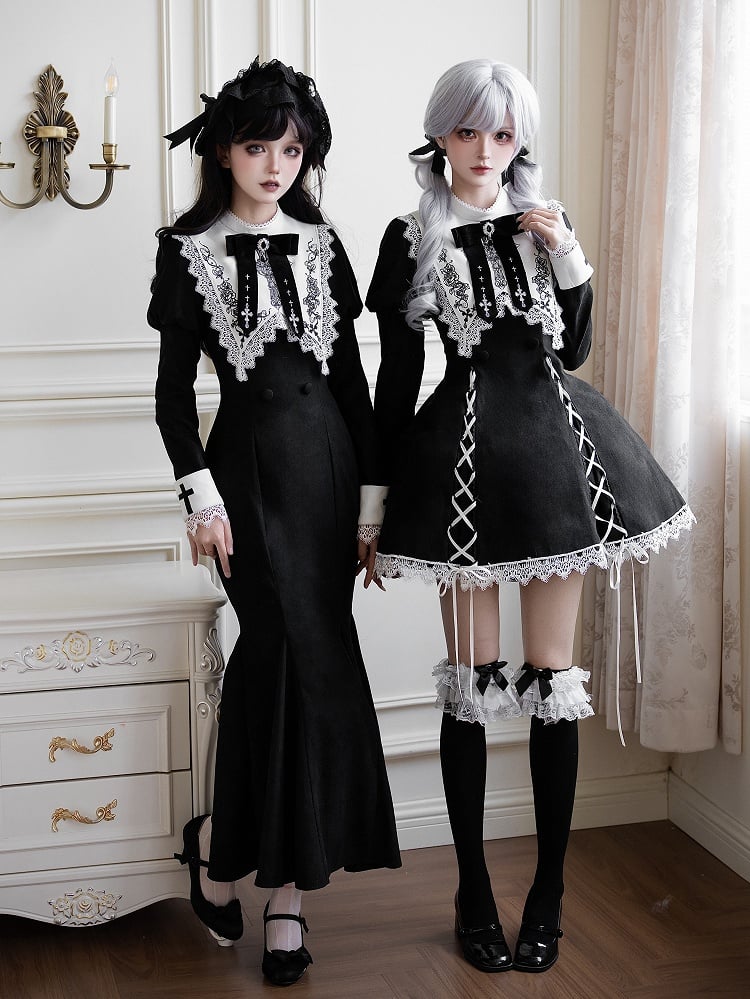 Dress Collar Embroidered Square Neckline + Short White Lolita Black Brooch Bowknot