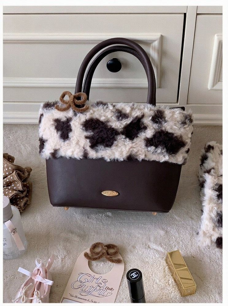 Brown Cow Print Shoulder Bag with Fluffy Crossbody Strap - Lalacita
