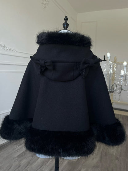 Hooded with Bow and Lace Woolen Cape Cat-Ear Black Details Accents