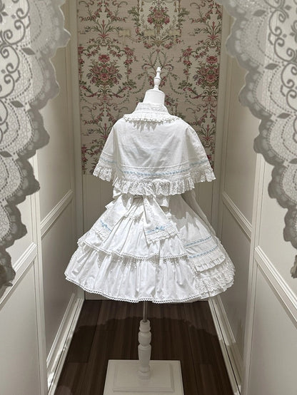 Blue-White Kawaii Cotton JSK Gown with Ribbon and Ruffle Embellishments
