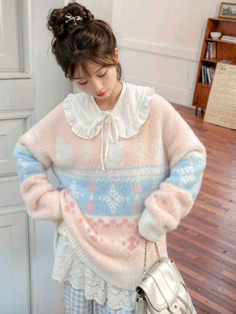 ピンクのかわいいウサギ柄ラウンドネックソフトセーター