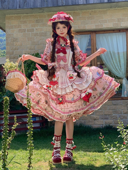 Robe OP Lolita Cottagecore Rose Rouge à Manches Courtes et Volants - DrunkCoco