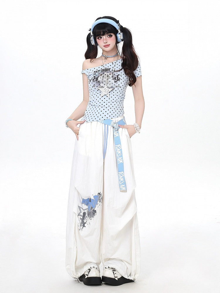 Asymmetric Shoulder Polka Dot Kitty Print T-Shirt - CRAZY GIRL