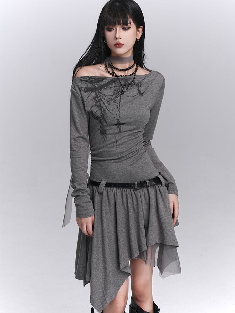 with Gothic Hem Dress Graffiti Handkerchief Light Neck Off-Shoulder Strap Gray