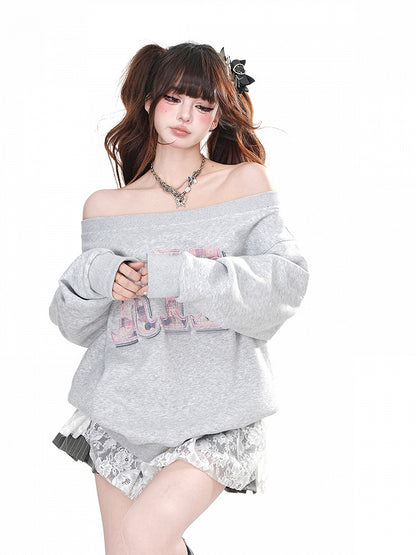 ブラウン/グレー オフショルダー ネックライン レター ルーズ スウェットシャツ