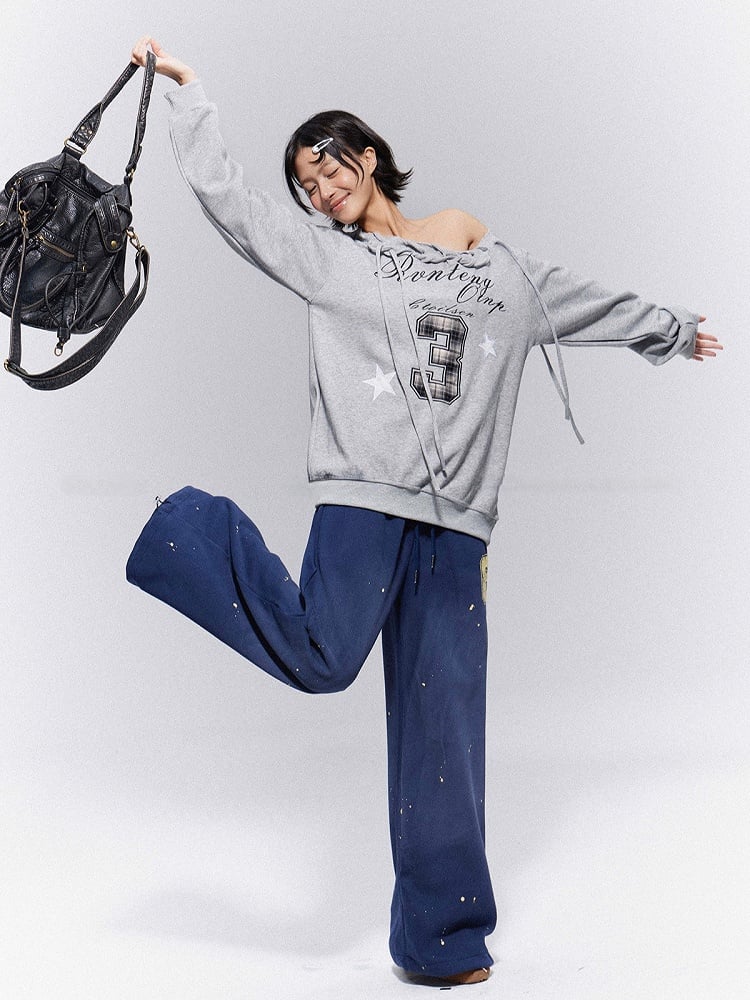 Vintage Blue Wide-Leg Sweatpants with Yellow '6' Print & Paint Splatter | J-Fashion