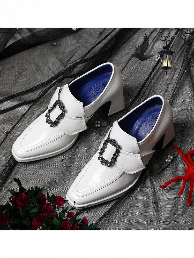 Elegant White Prince Style Gothic Lolita Square Toe Shoes with 7CM Heel - Lacy Bones