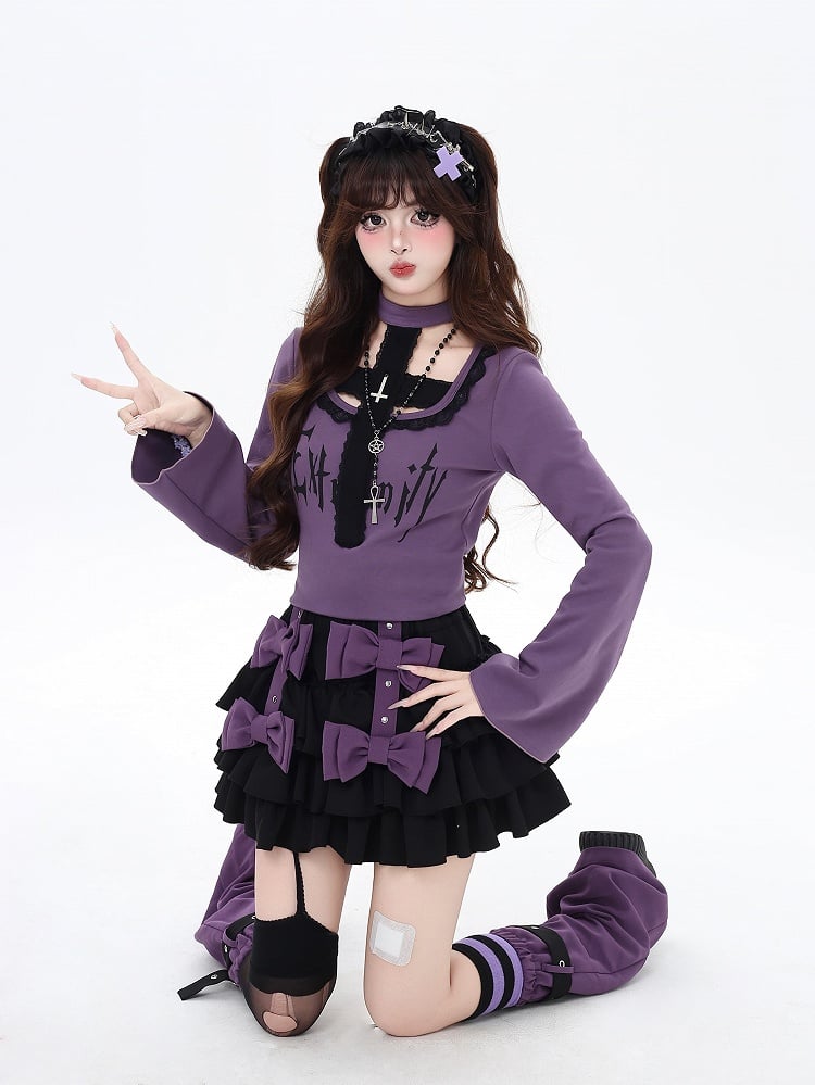 パープルの裏地付きレッグウォーマー、ティアードスカート、クロスボウノットストラップ付き、ブラック