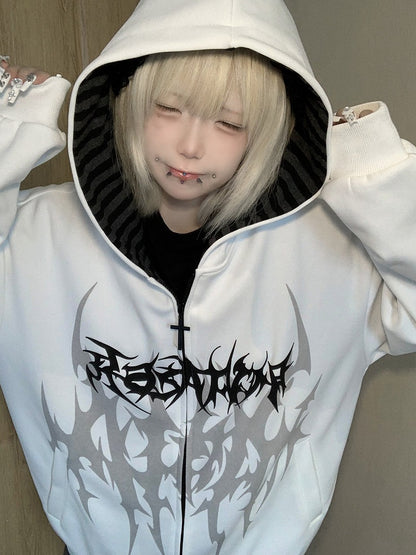 Dark Y2K Hooded White Zip Jacket with Gothic Tattoo Print - Alita26SS