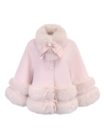 Rosa Fleece-Umhang mit Schleifenpelzbesatz und Akzenten