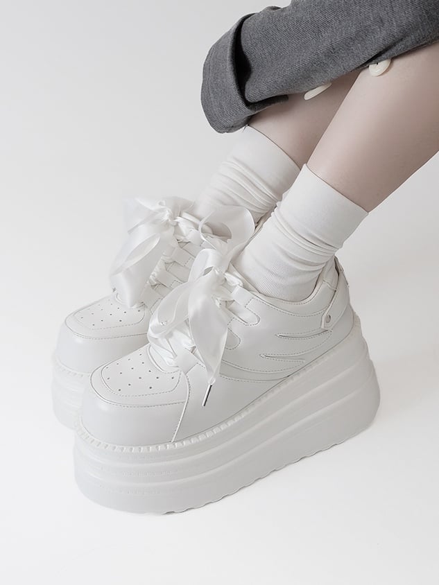 Lace-up Kei Platform White Closure Sneakers Jirai PU Design
