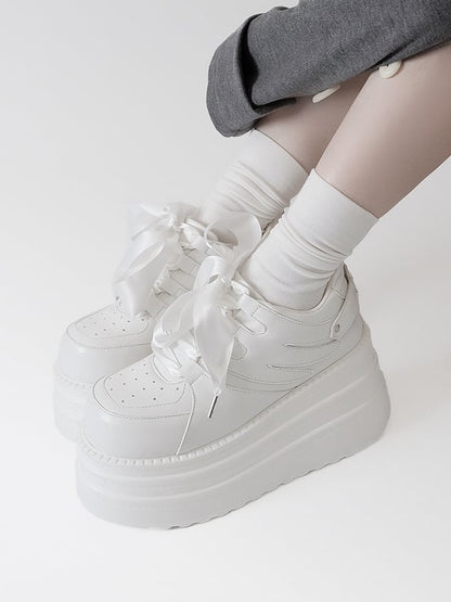 Lace-up Kei Platform White Closure Sneakers Jirai PU Design