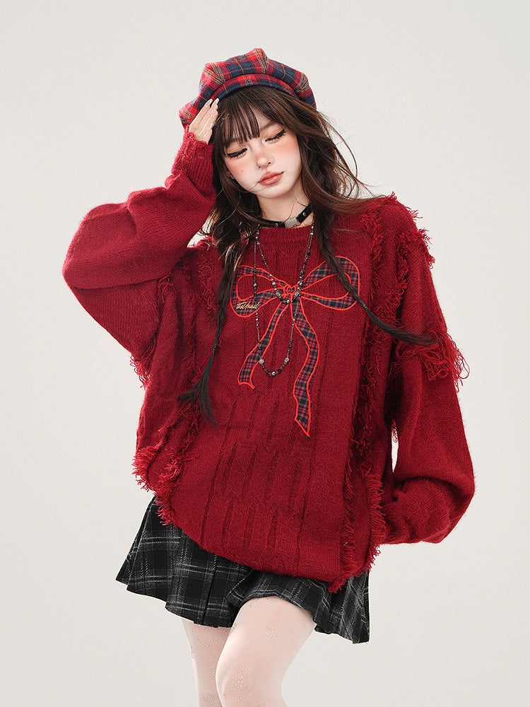 Plaid - Distressed Bittersweet Kawaii Bow Red Sweater Embroidery Hem